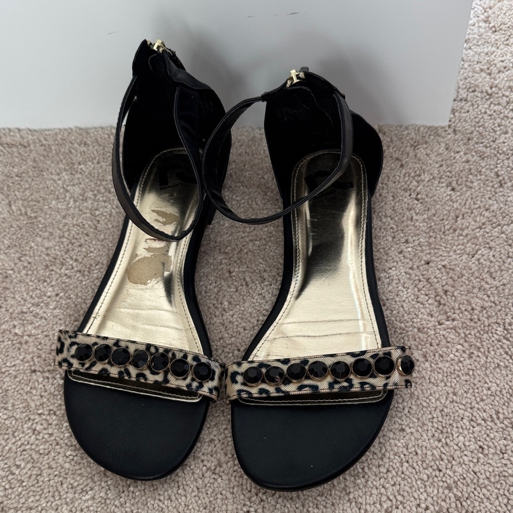Report Black Ankle-Strap Sandals with Leopard Accent and Black Stones